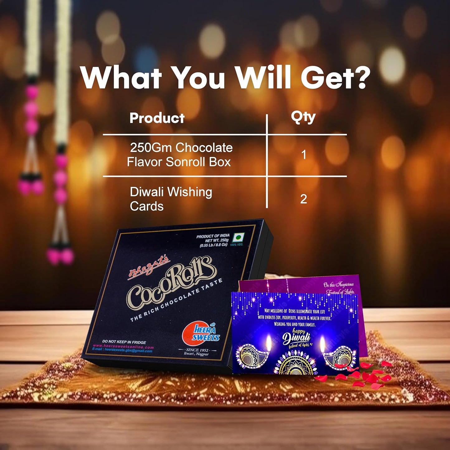 Diwali Sweets Gift Box with Chocolate Son Roll & Cards