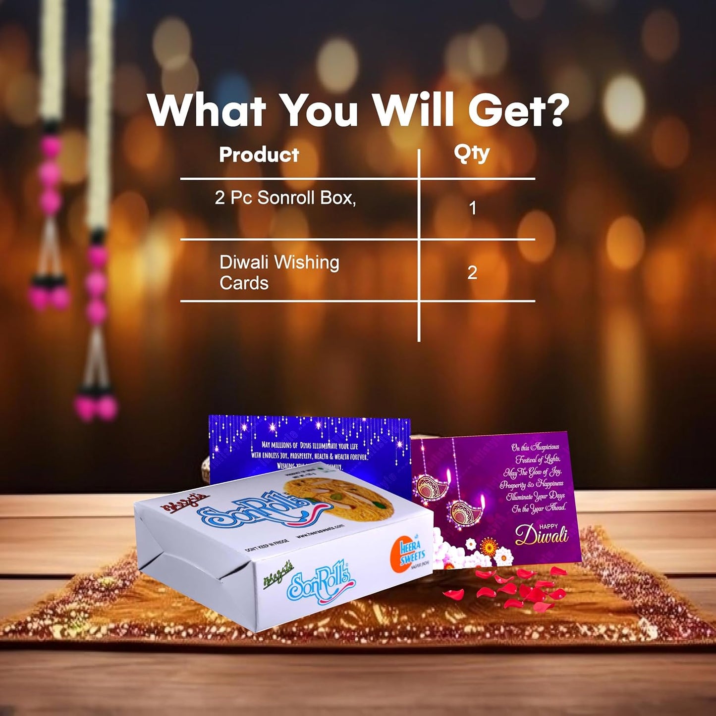 Diwali Sweets Hamper with Rose Son Roll & Cards