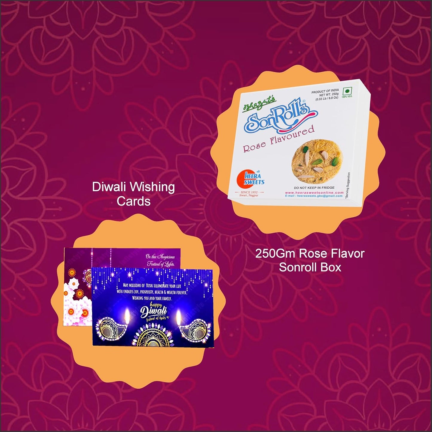 Diwali Sweets Gift Box with Rose Son Roll & Cards