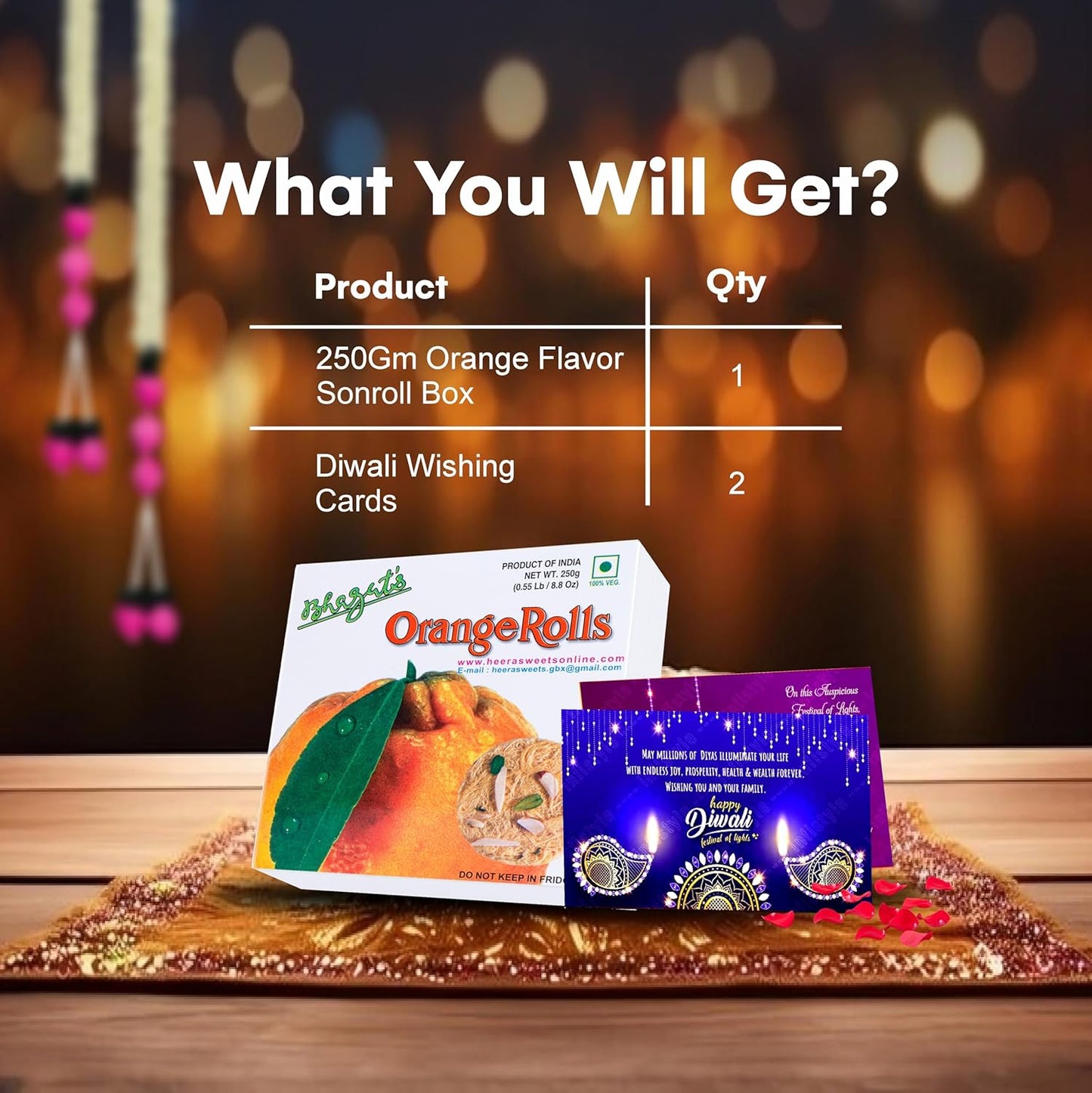 Diwali Sweets Gift Box with Orange Son Rolls & Cards