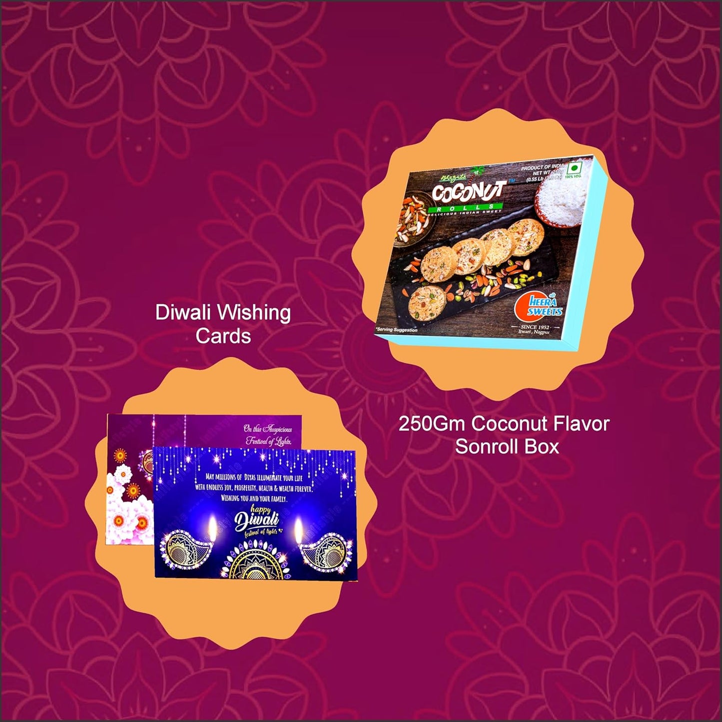 Diwali Sweets Gift Box with Coconut Son Roll & Cards