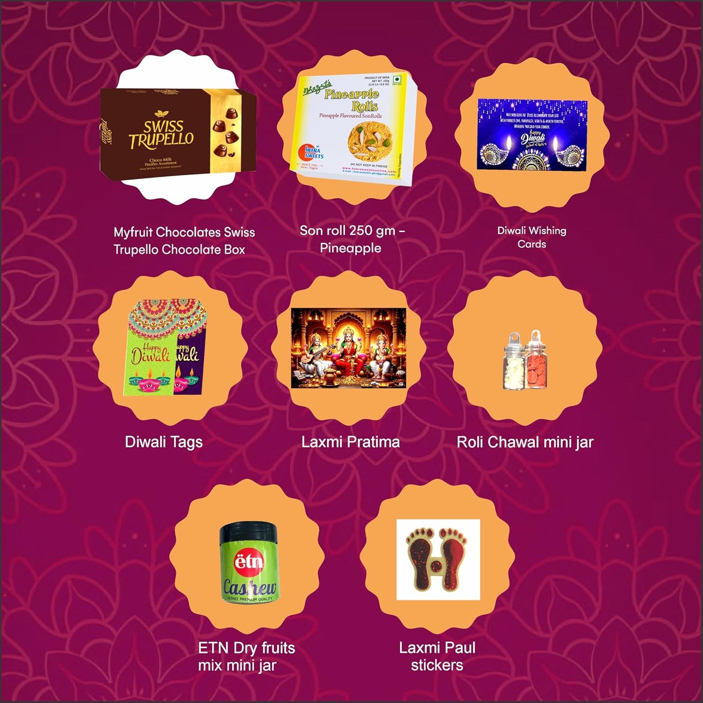 Diwali Sweets Hamper | 8 Festive Delights with Swiss Trupello, Pineapple Son Roll & Dry Fruits