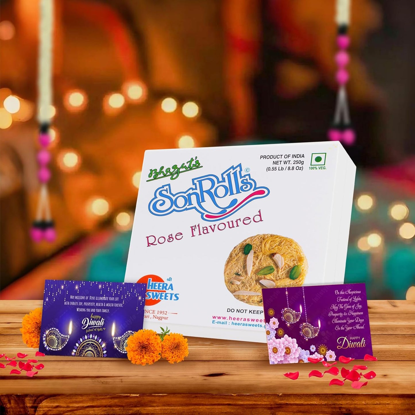 Diwali Sweets Gift Box with Rose Son Roll & Cards
