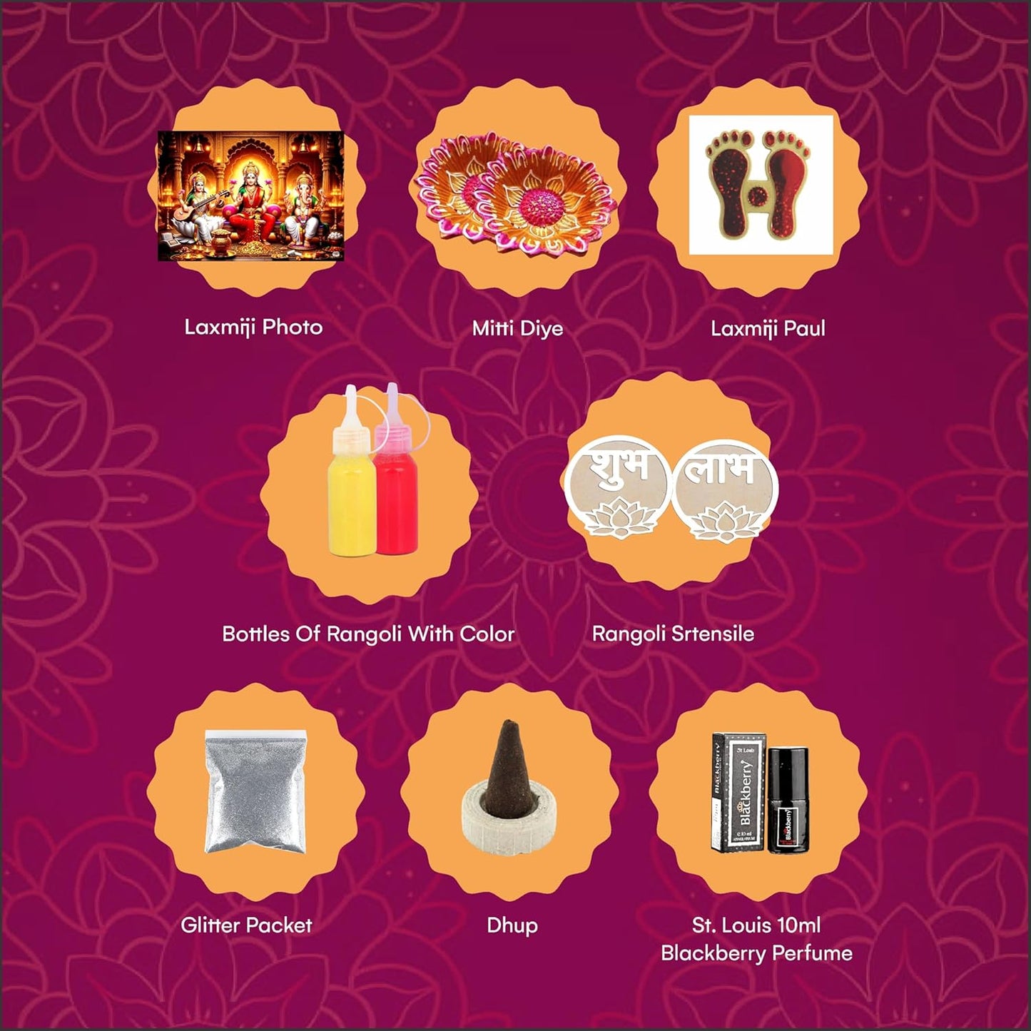 Diwali Gift Hamper | 8 Festive Items with Perfume, Diyas & Rangoli