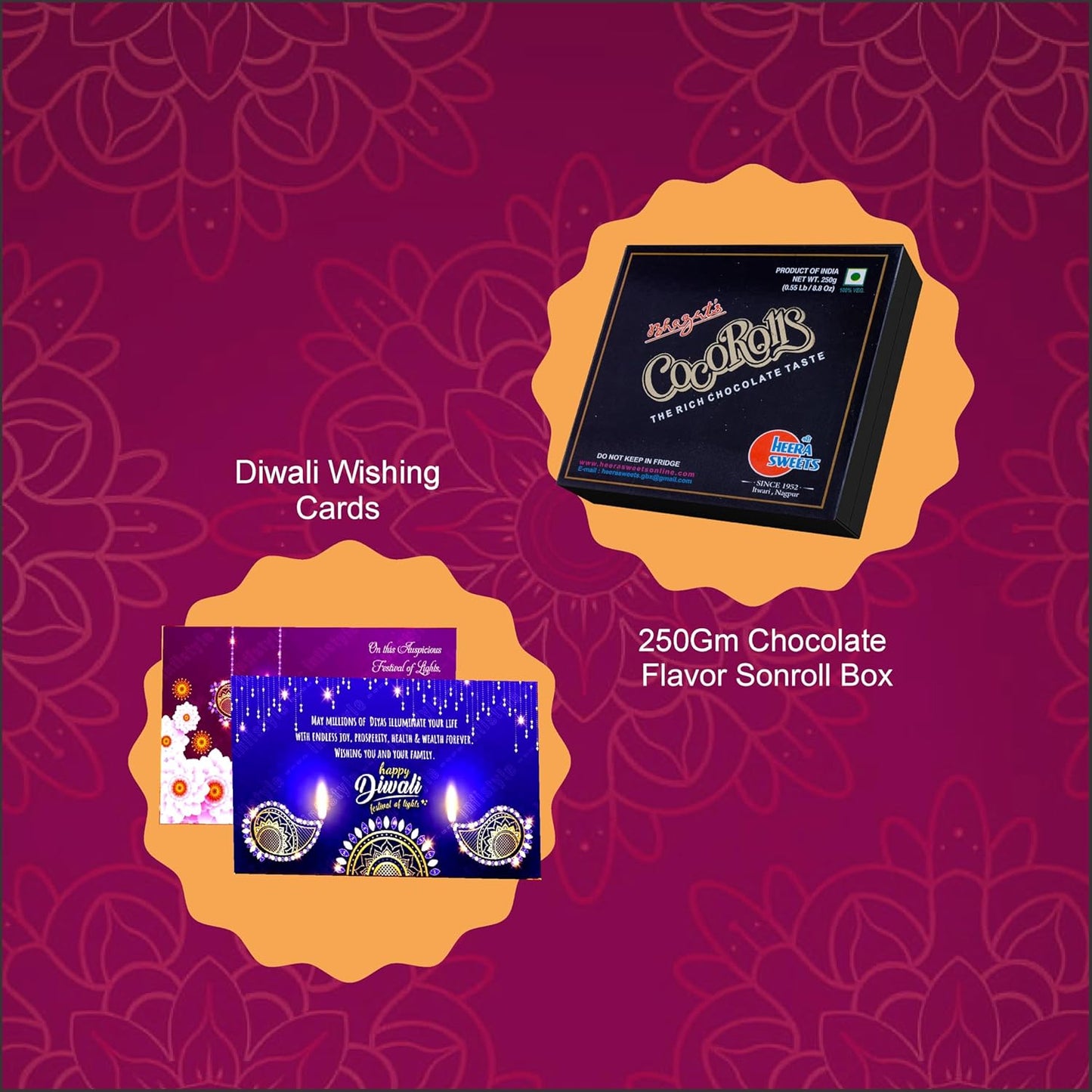Diwali Sweets Gift Box with Chocolate Son Roll & Cards
