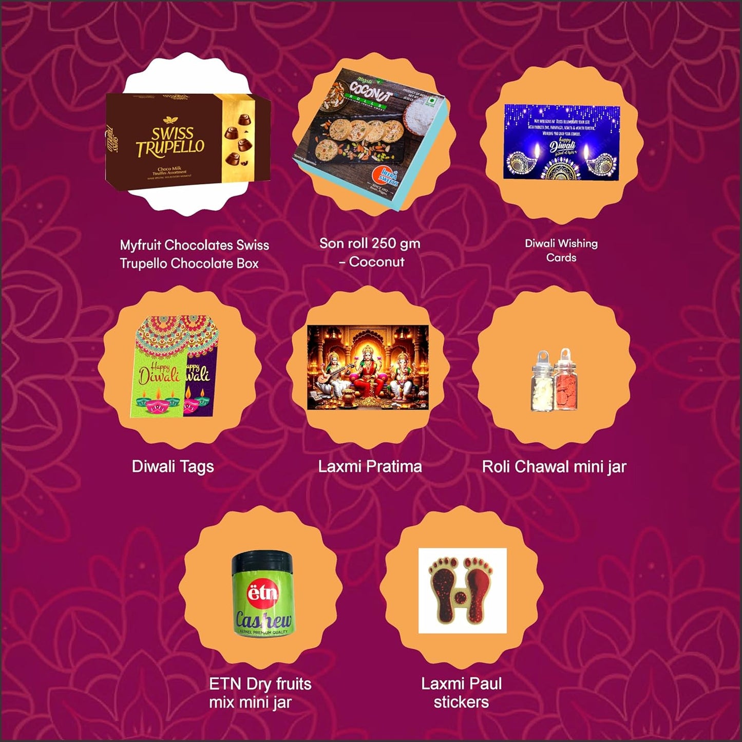 Diwali Sweets Hamper | 8 Festive Delights with Swiss Trupello, Coconut Son Roll & Dry Fruits