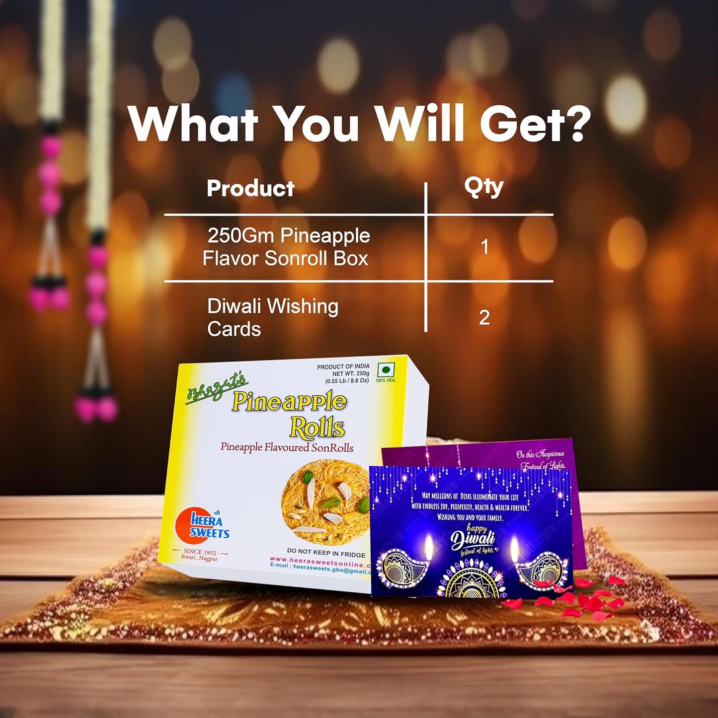 Diwali Sweets Gift Box with Pineapple Son Roll & Cards