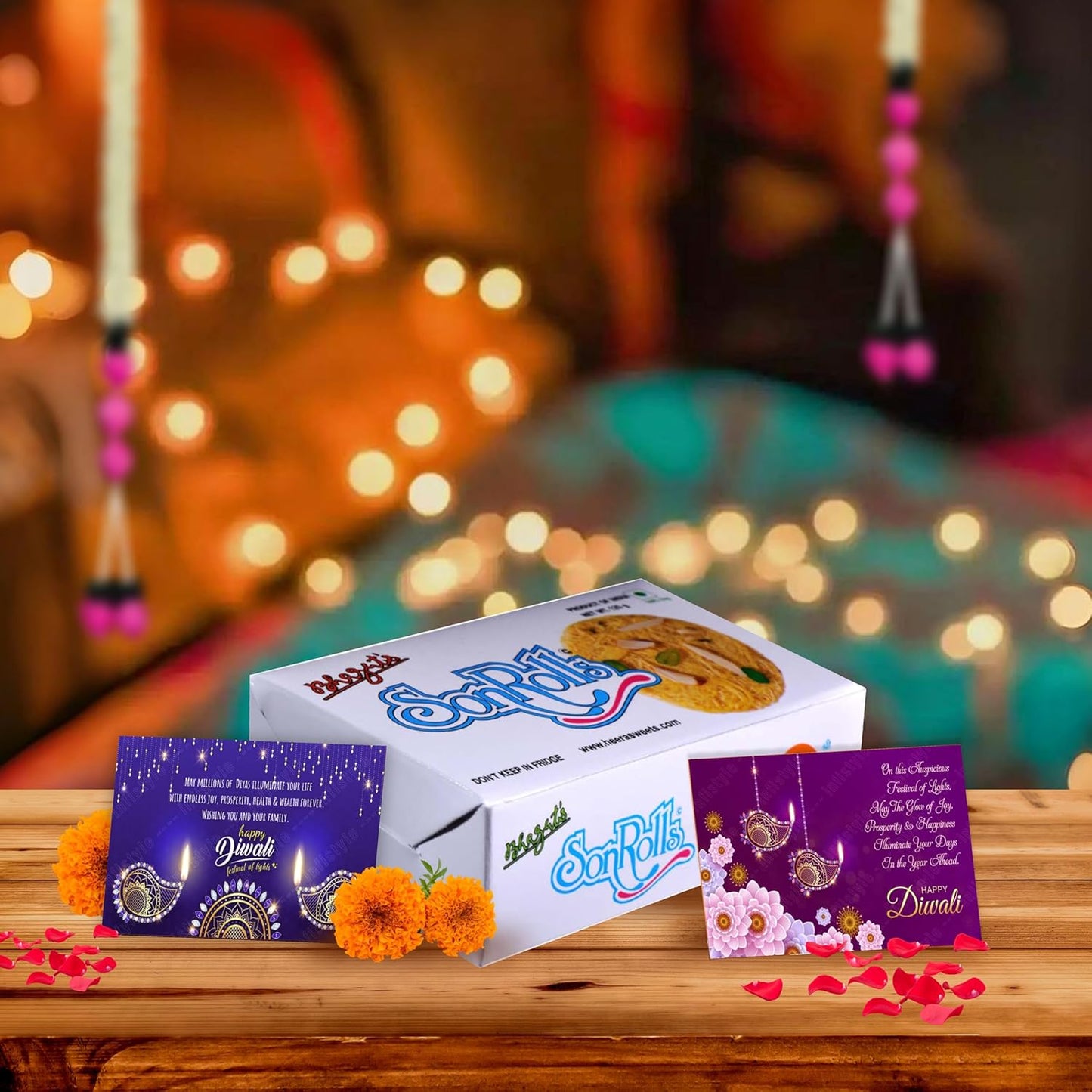 Diwali Sweets Hamper with Rose Son Roll & Cards