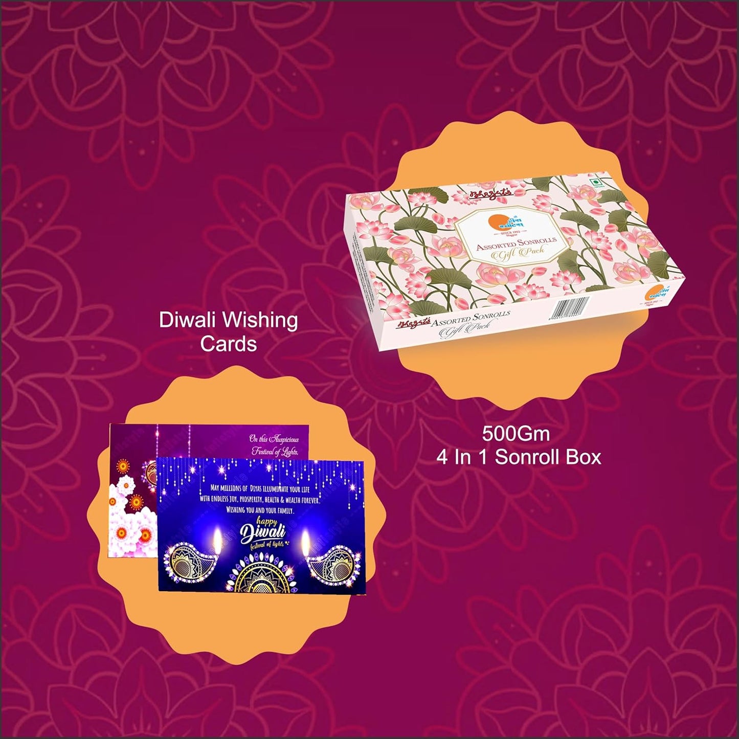 Diwali Sweets Gift Box with Soan Rolls & Cards