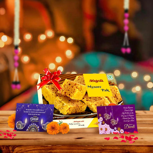 Diwali Sweets Hamper with Mysore Pak & Greeting Cards