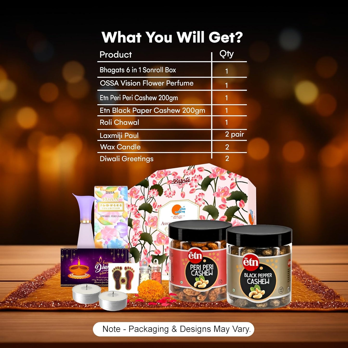 Diwali Sweets Hamper | 8 Festive Delights with 6-in-1 Sonroll, Flavoured Cashew, Perfume & Candles