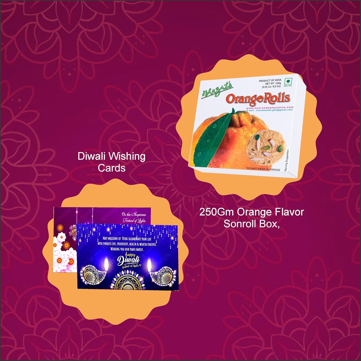 Diwali Sweets Gift Box with Orange Son Rolls & Cards