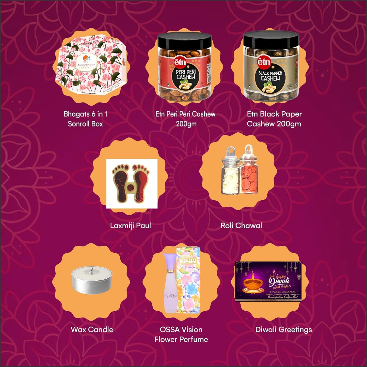 Diwali Sweets Hamper | 8 Festive Delights with 6-in-1 Sonroll, Flavoured Cashew, Perfume & Candles