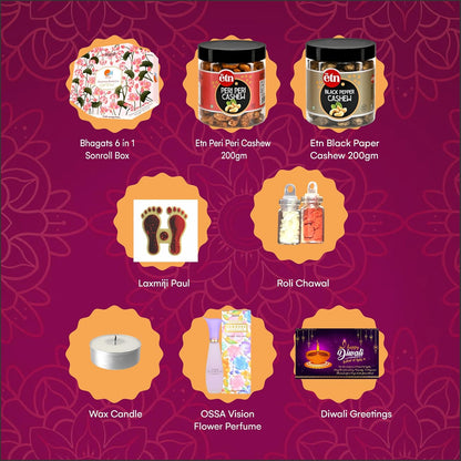 Diwali Sweets Hamper | 8 Festive Delights with 6-in-1 Sonroll, Flavoured Cashew, Perfume & Candles