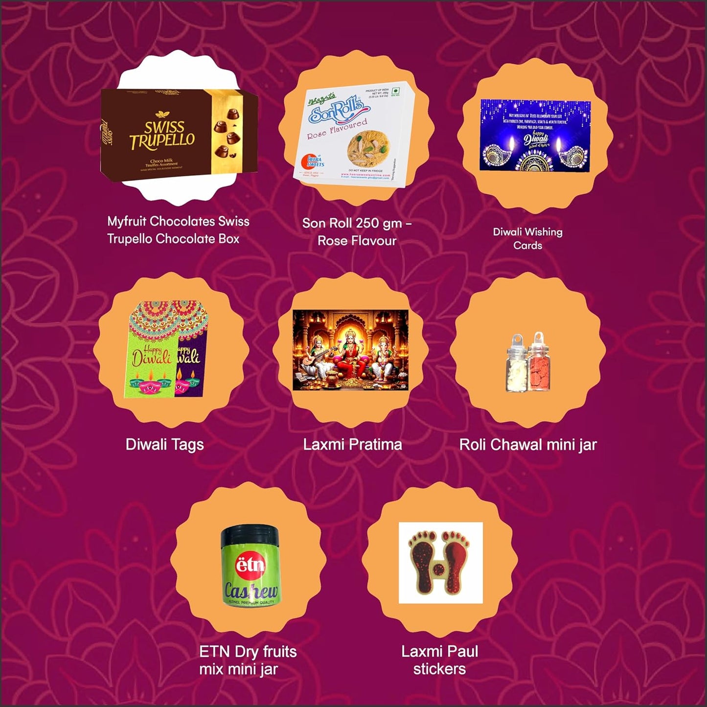 Diwali Sweets Hamper | 8 Festive Delights with Swiss Trupello, Rose Son Roll & Dry Fruits