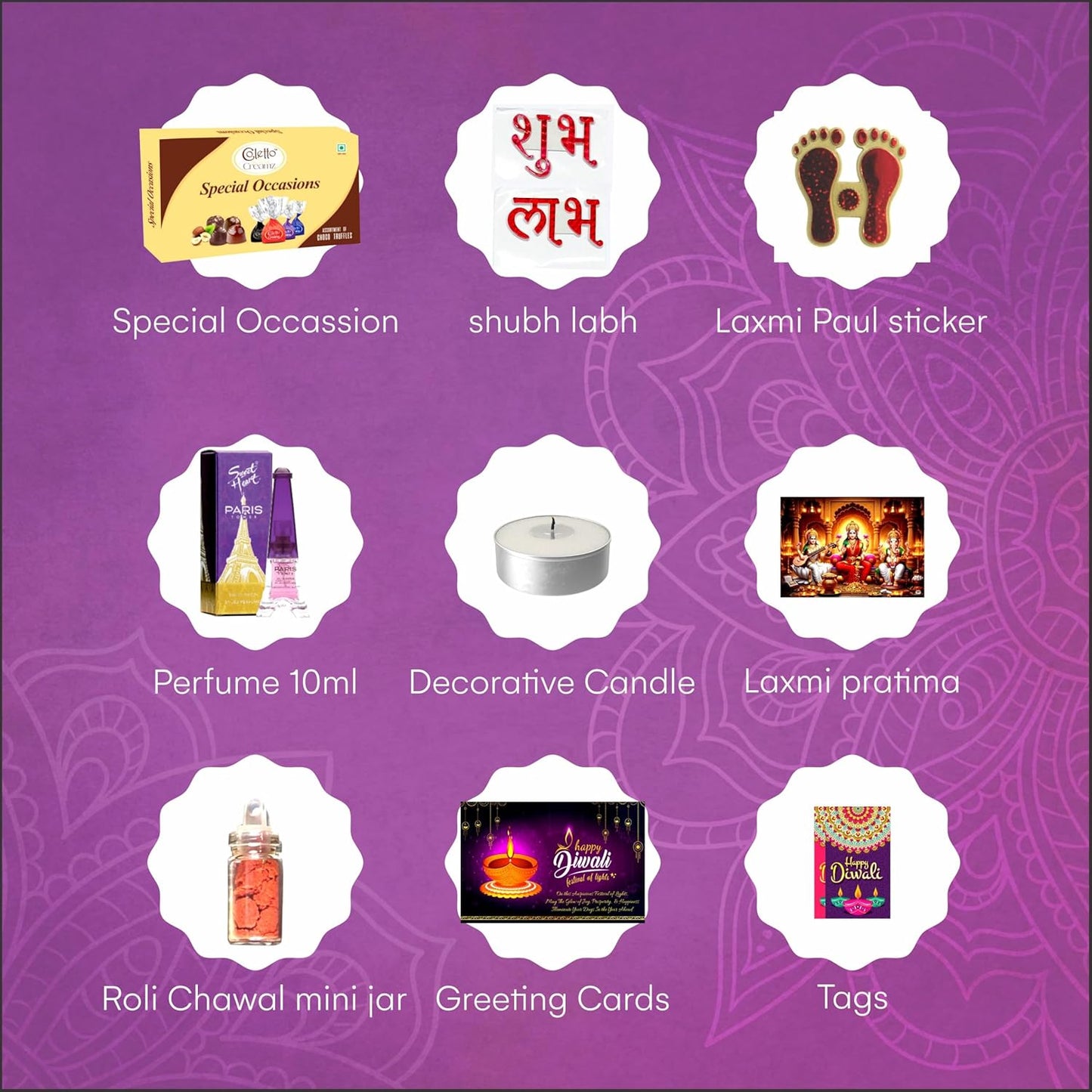 Diwali Gift Hamper | 8 Festive Items with Sweets, Candle, Perfume & Puja Essentials