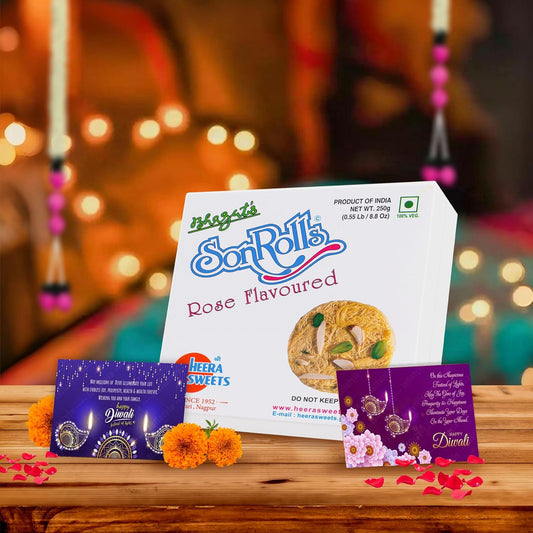 Diwali Sweets Gift Box with Rose Son Roll & Cards