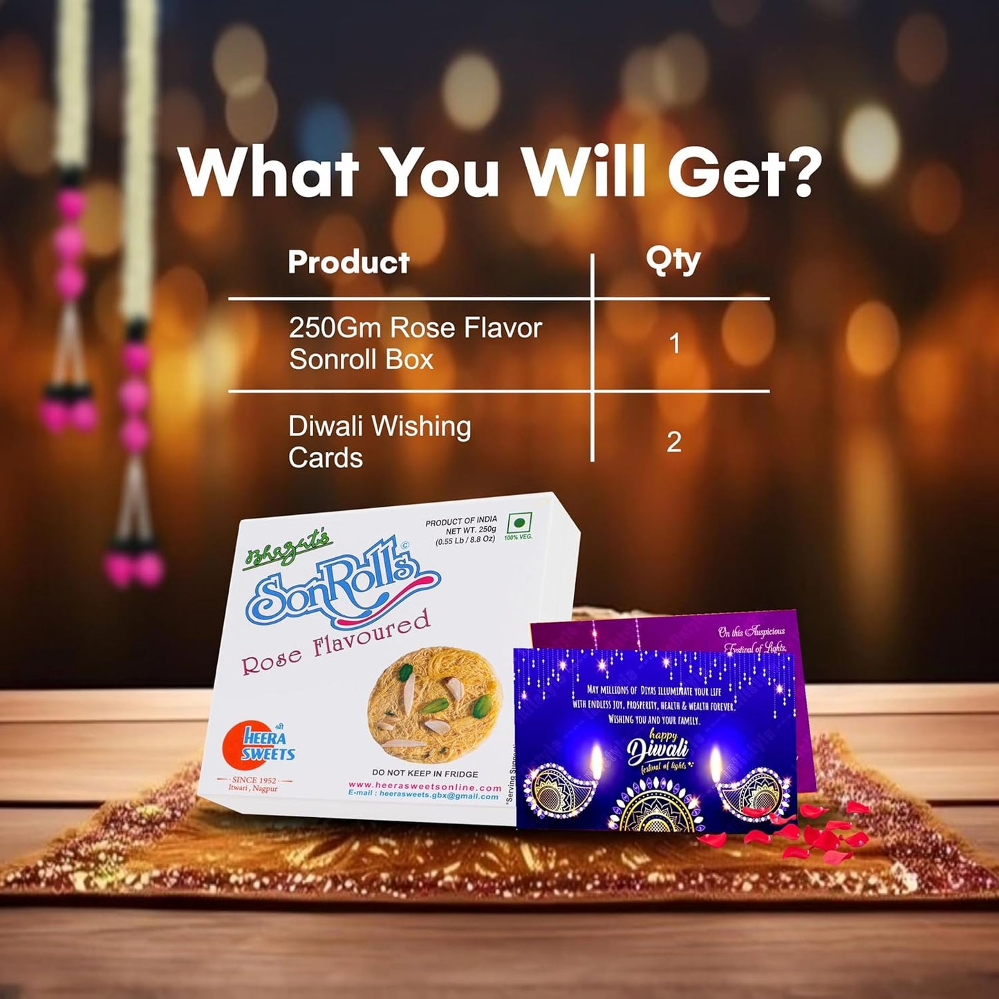 Diwali Sweets Gift Box with Rose Son Roll & Cards