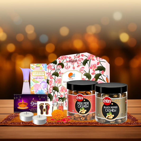 Diwali Sweets Hamper | 8 Festive Delights with 6-in-1 Sonroll, Flavoured Cashew, Perfume & Candles