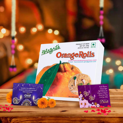 Diwali Sweets Gift Box with Orange Son Rolls & Cards